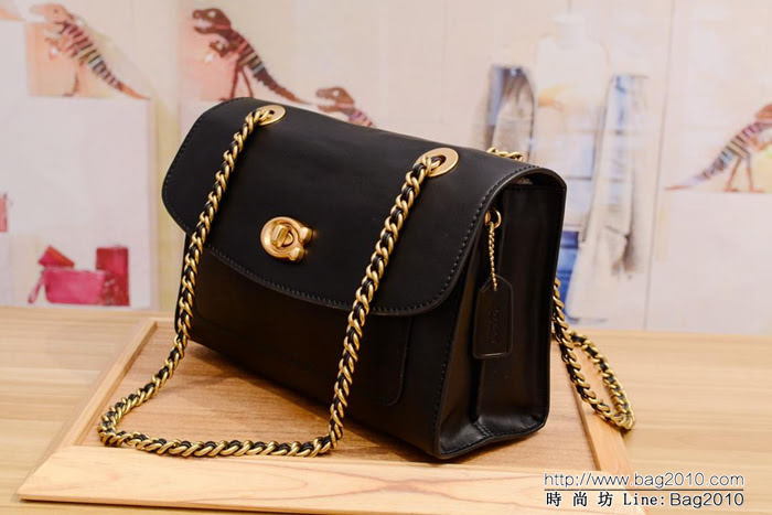 COACH蔻馳 26851 新款拼色 鏈條單肩斜挎女包 光面羊皮 內裏全反毛皮  Chz1023